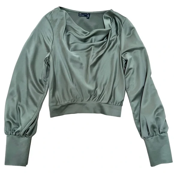 Asos Design Olive Green Satin Long Sleeve Draped Neck Blouse - Size 2 - Picture 1 of 8